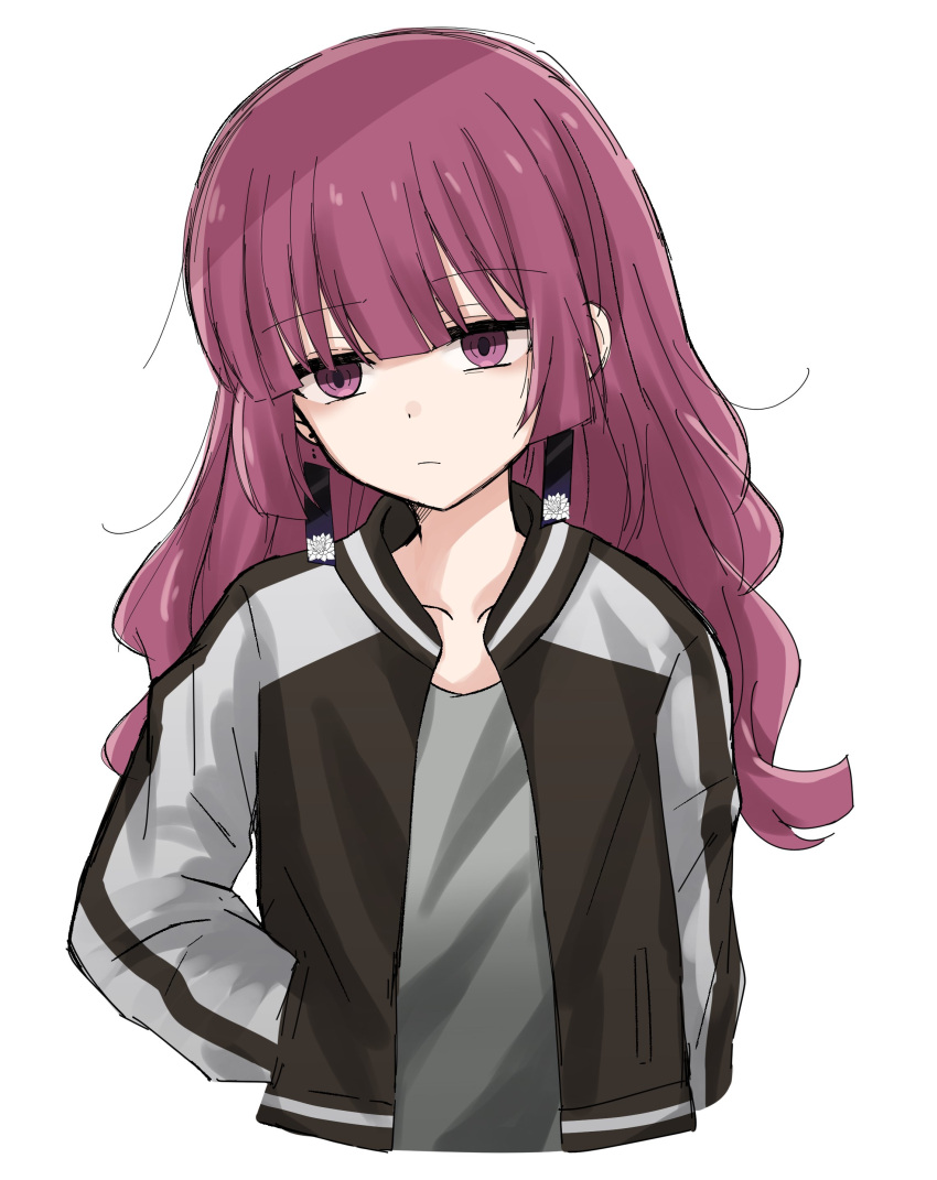 1girl, absurdres, bocchi_the_rock!, closed_mouth, grey_shirt, hair_over_shoulder, highres, hiroi_kikuri, jacket, long_hair, marumaruru, multicolored_clothes, multicolored_jacket, open_clothes, open_jacket, purple_hair, shirt, simple_background, solo, two-tone_jacket, upper_body, violet_eyes, white_background