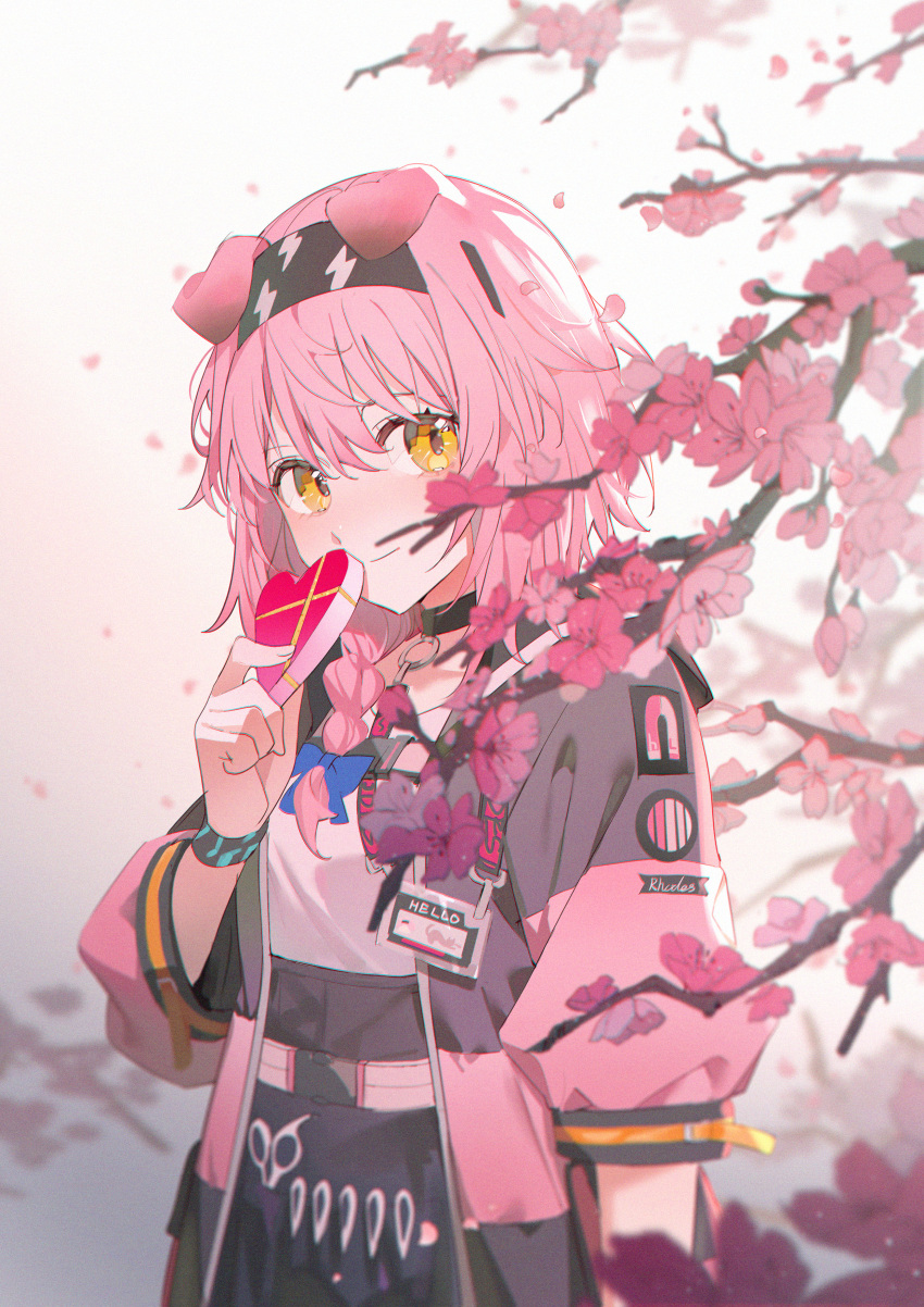 1girl, absurdres, animal_ears, arknights, belt, black_bracelet, black_choker, black_hairband, blue_bow, bow, cat_ears, cat_girl, choker, coat, dress, floppy_ears, flower, goldenglow_(arknights), hairband, highres, holding, id_card, infection_monitor_(arknights), jacket, light_smile, long_sleeves, looking_at_viewer, multicolored_clothes, multicolored_jacket, nogi_lace, open_clothes, outdoors, pink_coat, pink_flower, pink_hair, pink_jacket, pink_sleeves, ponytail, ribbon, scissors, shirt, short_hair, simple_background, skirt, smile, solo, standing, two-tone_coat, two-tone_jacket, yellow_eyes