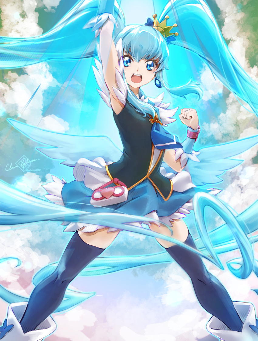 1girl, arm_up, artist_name, blue_eyes, blue_hair, blue_necktie, blue_skirt, blue_thighhighs