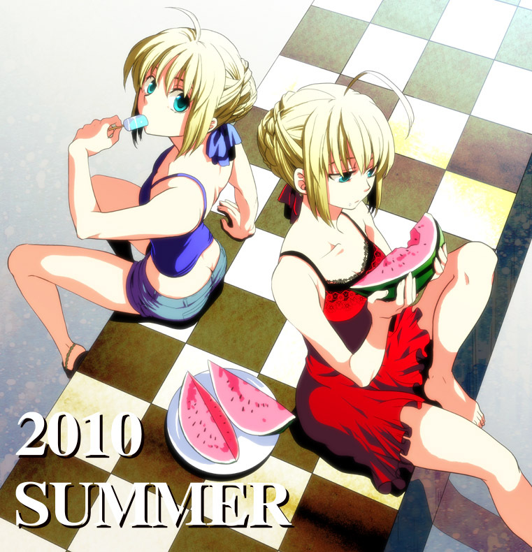 2girls, ahoge, blonde_hair, butt_crack, dress, dual_persona, fate/extra, fate/stay_night