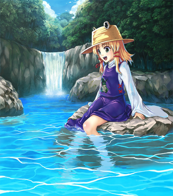 duplicate, eyes, feet_in_water, green_eyes, hat, moriya_suwako, satori, satori_(transient_wind)