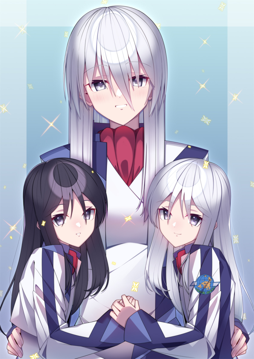 3girls, age_difference, ascot, black_hair, blue_shirt, character_request, grey_eyes, grey_hair