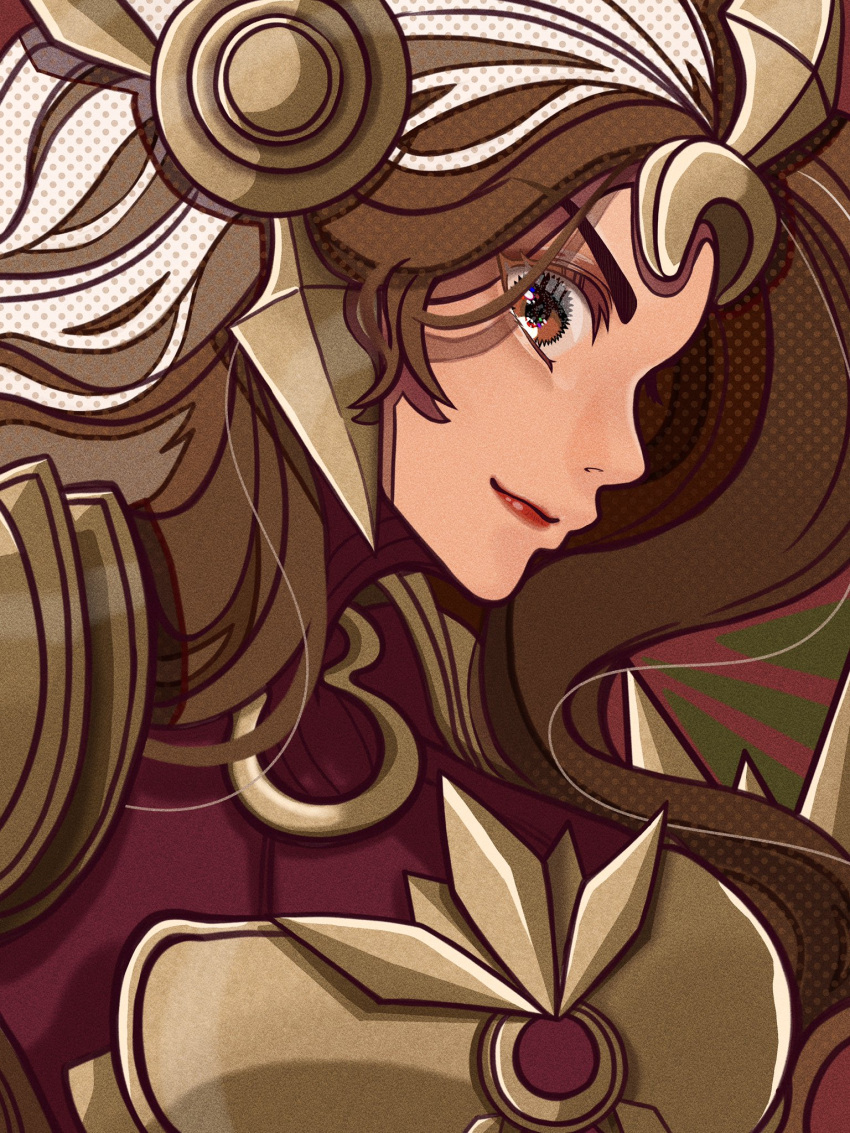 1girl, armor, brown_eyes, brown_hair, closed_mouth, full_armor, hair_ornament, highres
