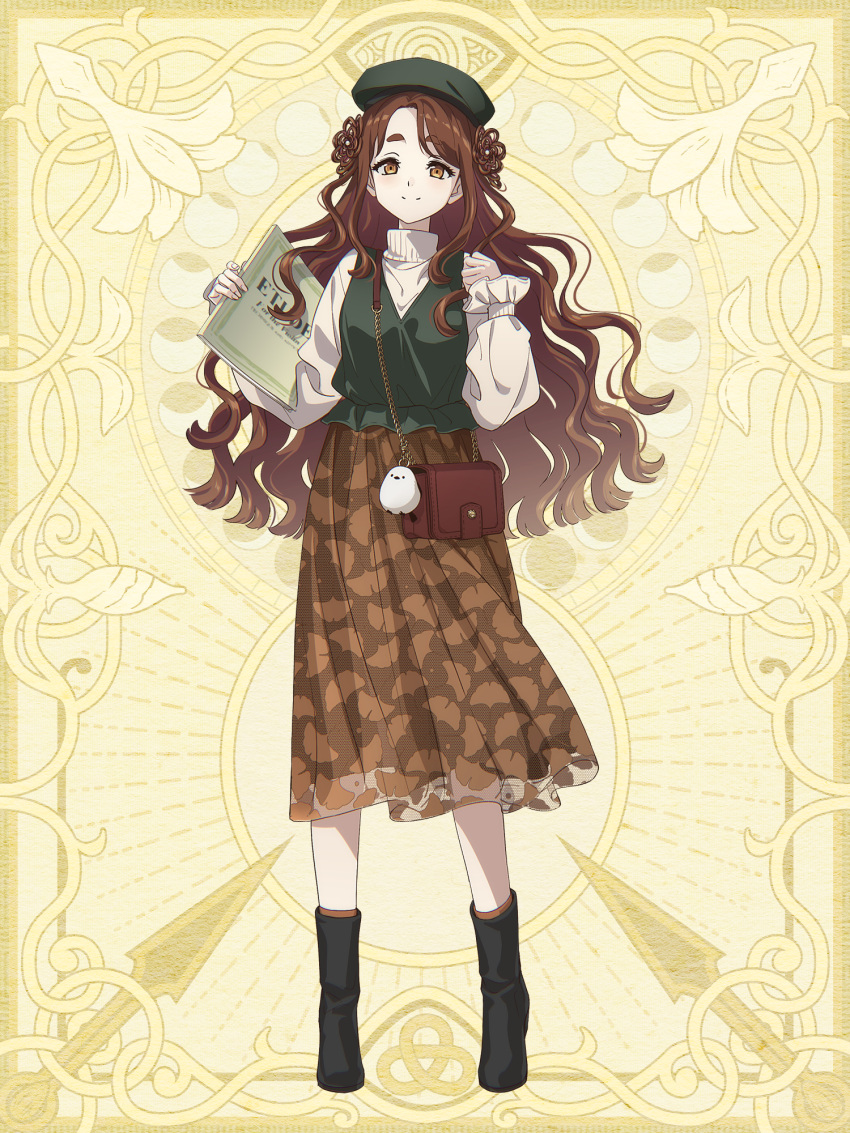 1girl, bag, black_footwear, book, brown_eyes, brown_hair, brown_skirt, chain_paradox