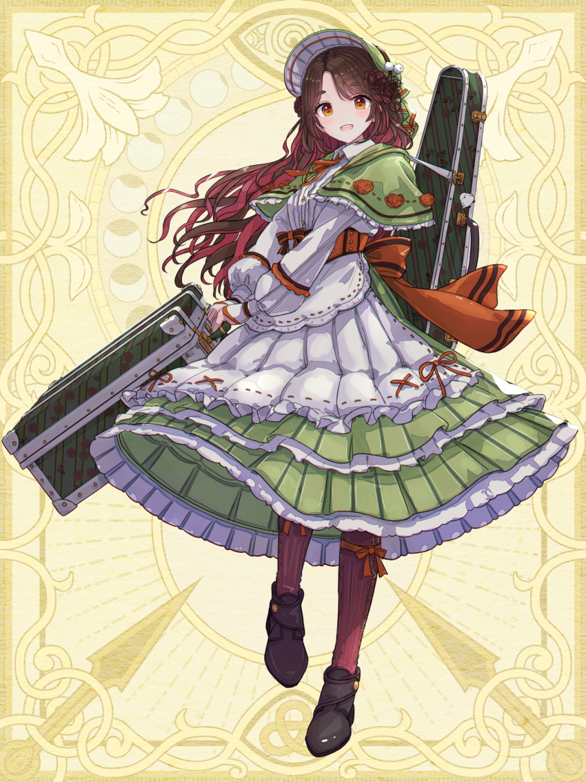 1girl, :o, black_footwear, blush, bow, brown_eyes, brown_hair, chain_paradox