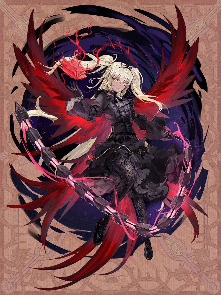1girl, alexandra_lieven, black_dress, black_footwear, black_gloves, black_hairband, black_pantyhose, black_ribbon, blonde_hair, book, brown_background, chain_paradox, dress, gloves, hairband, hand_up, highres, holding, holding_weapon, magic, makitoyuito, open_book, pantyhose, ribbon, solo, two_side_up, weapon, wide_sleeves, wings, yellow_eyes