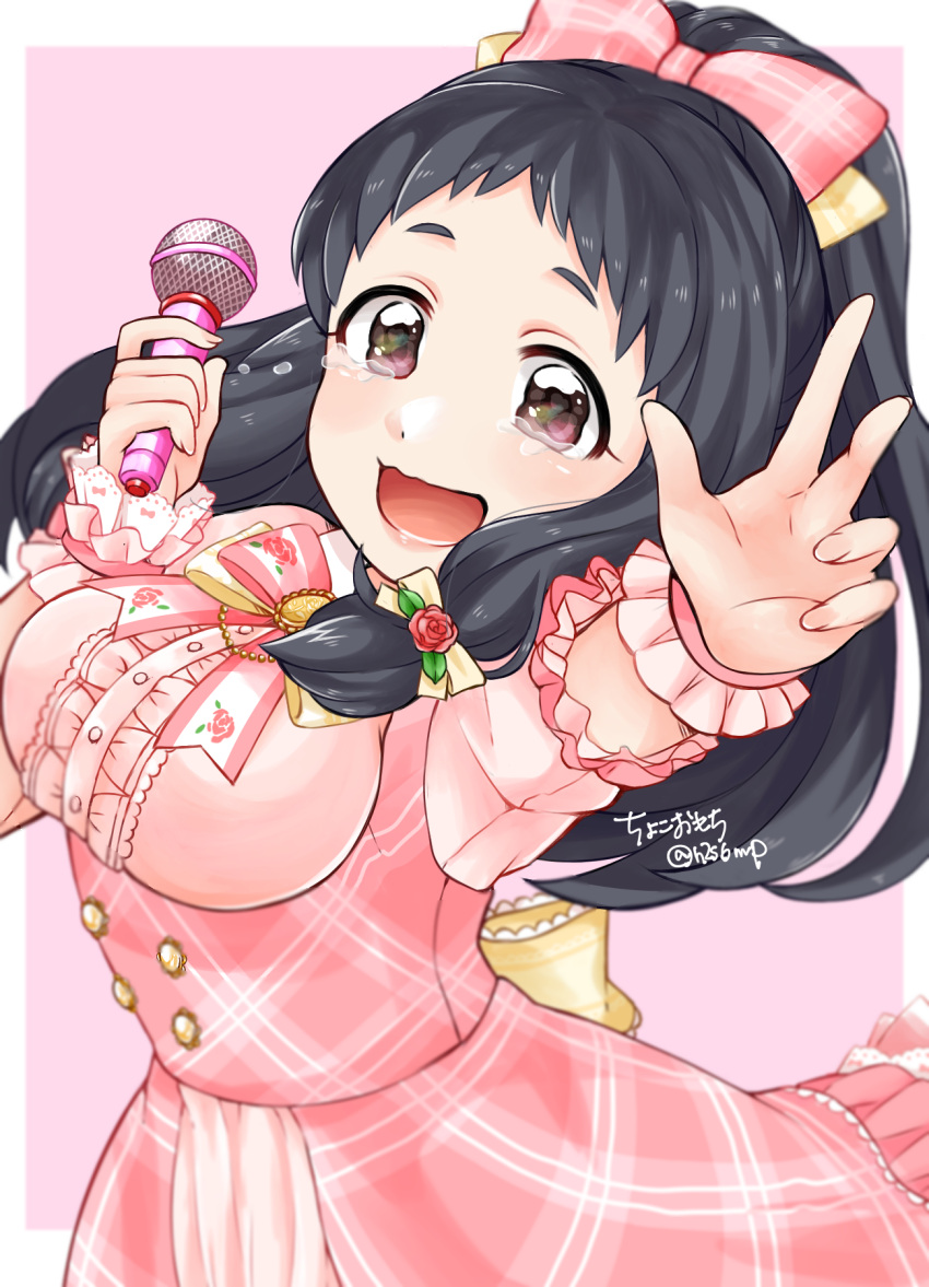 1girl, artist_name, black_hair, blush, border, bow, bowtie, breasts