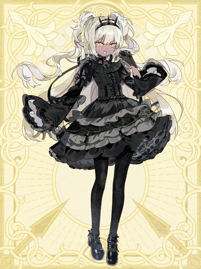 alexandra_lieven, black_dress, black_footwear, black_gloves, black_hairband, black_pantyhose, blonde_hair, chain_paradox, dark-skinned_female, dark_skin, dress, frilled_dress, frills, full_body, gloves, gothic_lolita, hairband, highres, lolita_fashion, long_hair, long_sleeves, looking_at_viewer, mp_cookie, open_mouth, pantyhose, solo, standing, two_side_up, very_long_hair, yellow_background, yellow_eyes