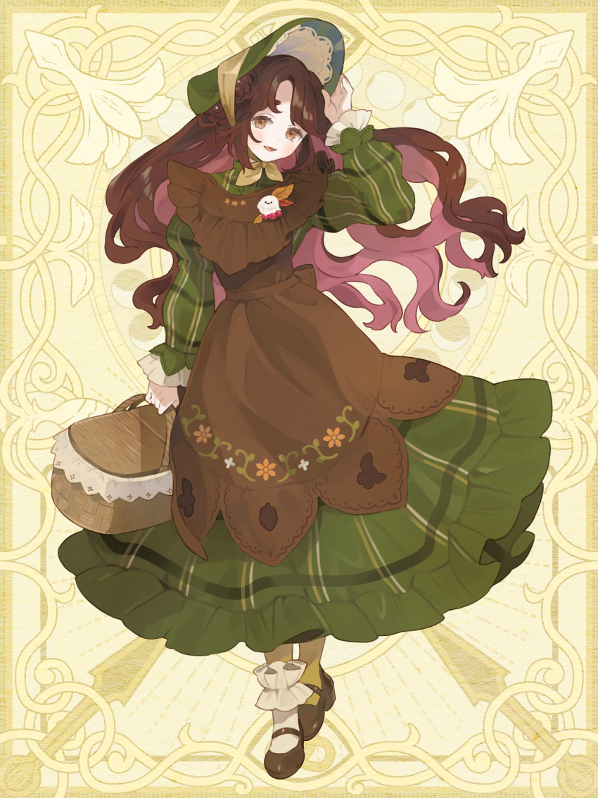 1girl, adjusting_clothes, adjusting_headwear, basket, bonnet, brown_dress, brown_eyes, brown_hair, chain_paradox, colored_inner_hair, dress, floral_print, full_body, green_dress, green_headwear, hand_up, highres, holding, holding_basket, long_hair, long_sleeves, mary_janes, multicolored_hair, nanamori_minoru, oooita, picnic_basket, pink_hair, puffy_long_sleeves, puffy_sleeves, shoes, smile, socks, solo, standing, two-tone_hair, white_socks, yellow_background