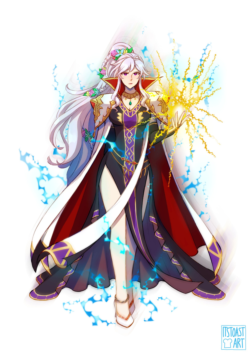1girl, absurdres, armor, cape, fire_emblem, fire_emblem:_genealogy_of_the_holy_war, flower, hair_flower, hair_ornament, highres, ishtar_(fire_emblem), ishtar_(fire_emblem)_(echoing_thunder), jewelry, long_hair, magic, necklace, pauldrons, shoulder_armor, toast_(oreocorio), white_hair