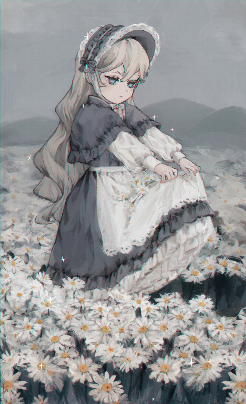 1girl, apron, blue_eyes, bonnet, child, daisy, dress, expressionless