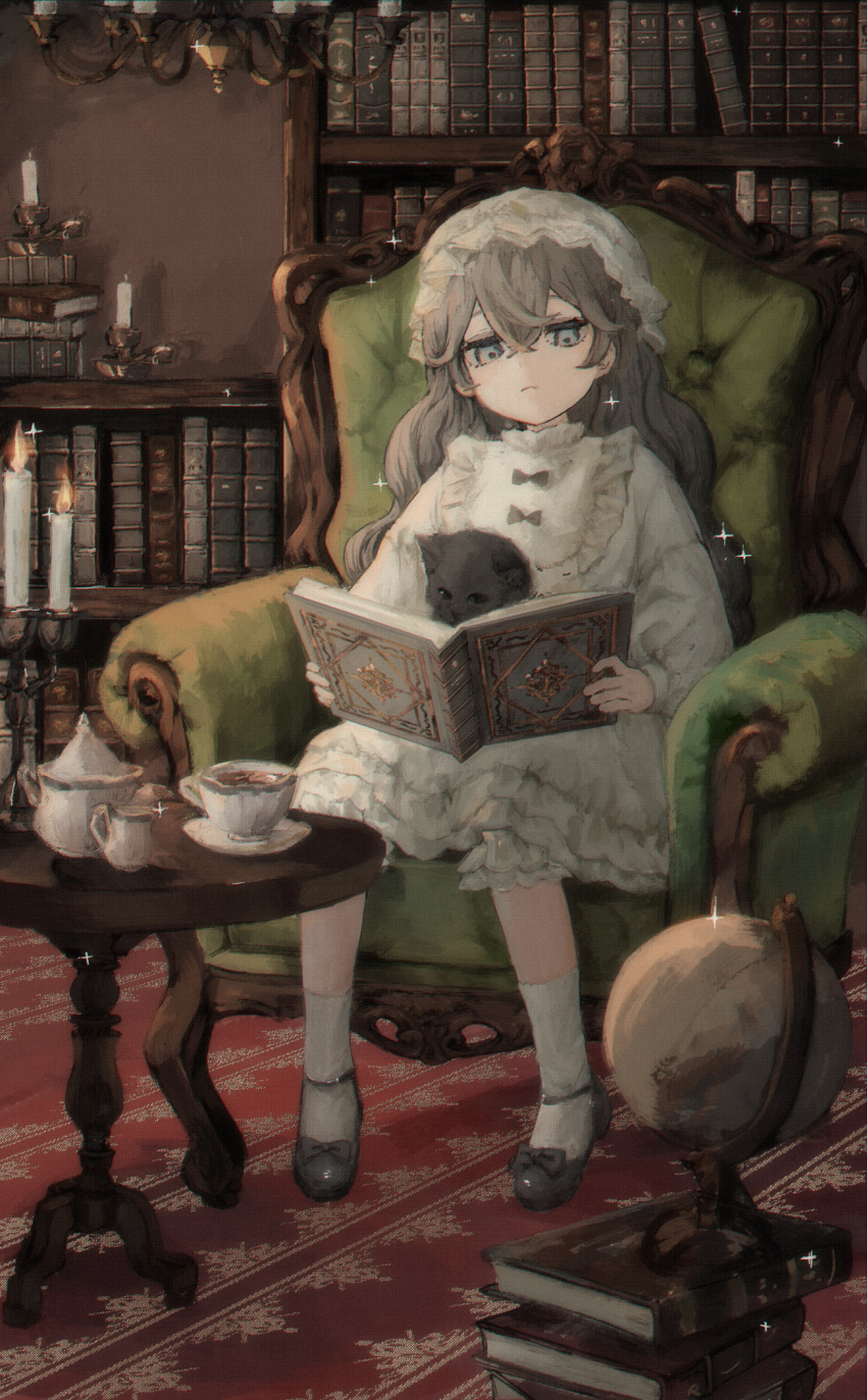 1girl, armchair, book, book_stack, bookshelf, candle, candlestand, cat