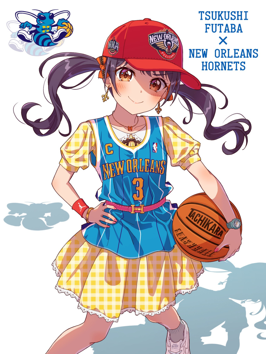 1girl, air_jordan, ball, bang_dream!, basketball_(object), black_hair, blush, brown_eyes, character_name, collarbone, copyright_name, dress, earrings, floating_hair, futaba_tsukushi, grey_socks, head-tilt, highres, holding, holding_ball, jewelry, long_hair, looking_at_viewer, national_basketball_association, necklace, new_orleans_hornets, plaid, plaid_dress, red_headwear, shadow, shoes, simple_background, smile, sneakers, socks, solo, twintails, v-shaped_eyebrows, white_background, white_footwear, yazawa_happyaro, yellow_dress