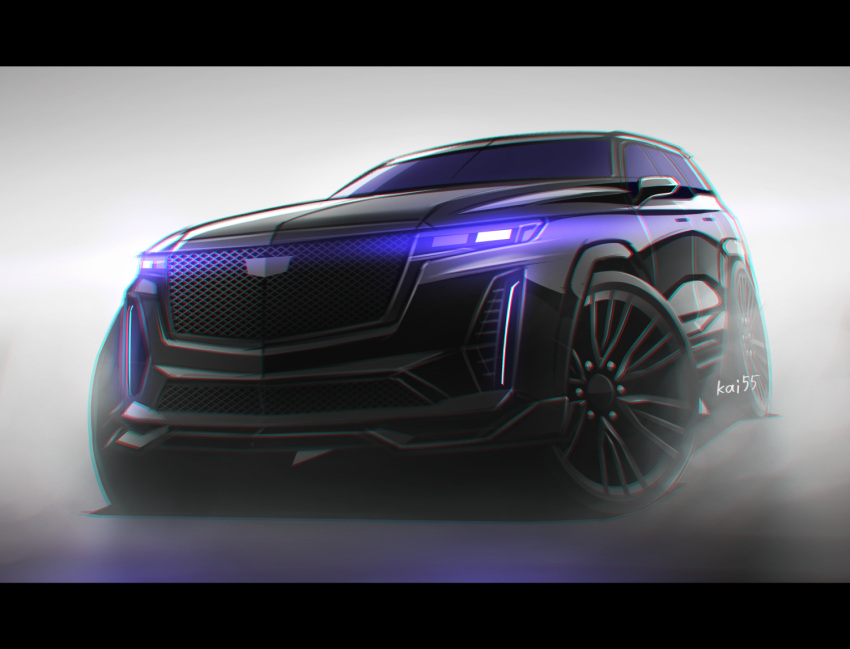 artist_name, cadillac, cadillac_escalade, chromatic_aberration, glowing, grey_background, kai55, letterboxed, no_humans, original, smoke, sports_utility_vehicle, vehicle_focus