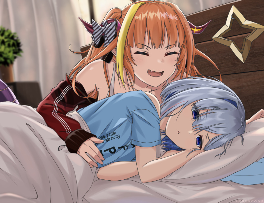 2girls, amane_kanata, bed, blonde_hair, blue_hair, bow, colored_inner_hair, dragon_girl