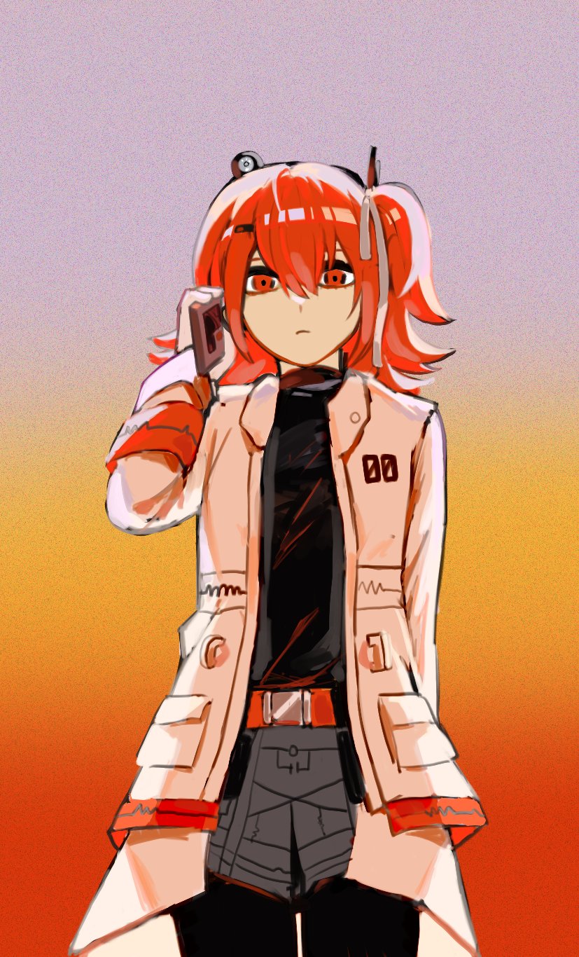 1girl, a.i._voice, adachi_rei, arm_at_side, belt, belt_pouch, bubble_(bubble_tea21_), cassette_player, circuit_board_print, closed_mouth, commentary_request, cowboy_shot, empty_eyes, expressionless, film_grain, flipped_hair, gloves, gradient_background, grey_background, grey_skirt, hair_ribbon, headlamp, highres, holding, jacket, long_hair, long_sleeves, looking_at_viewer, netsu_ijou_(utau), one_side_up, open_clothes, open_jacket, orange_background, orange_belt, orange_eyes, orange_hair, overskirt, pouch, print_skirt, radio_antenna, ribbon, skirt, solo, standing, straight-on, utau, white_gloves, white_jacket, white_ribbon