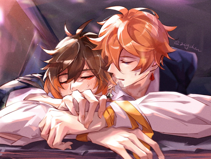 2boys, biting, blush, chenzcy, closed_eyes, ear_biting, eyeliner, genshin_impact
