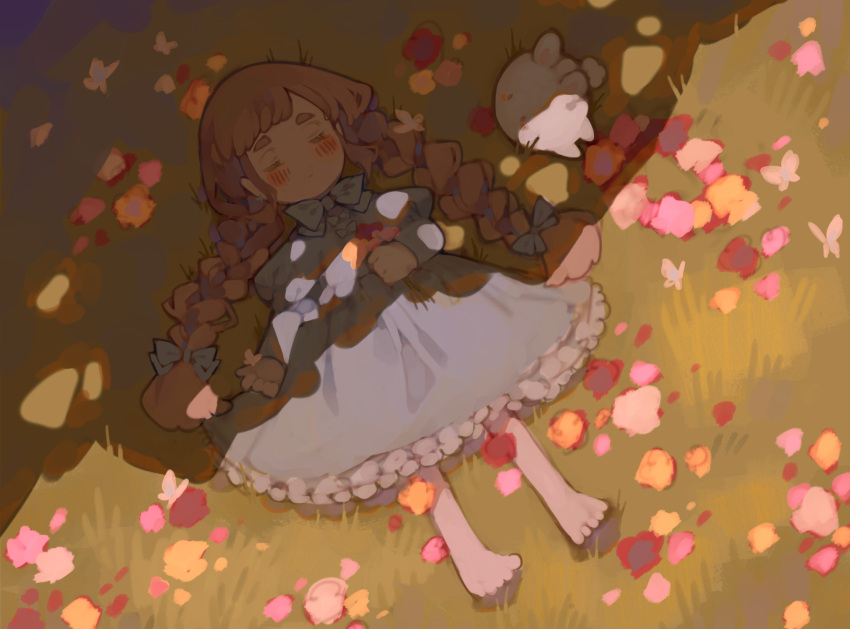 1girl, barefoot, blue_bow, blue_bowtie, blue_dress, blush, blush_stickers, bow