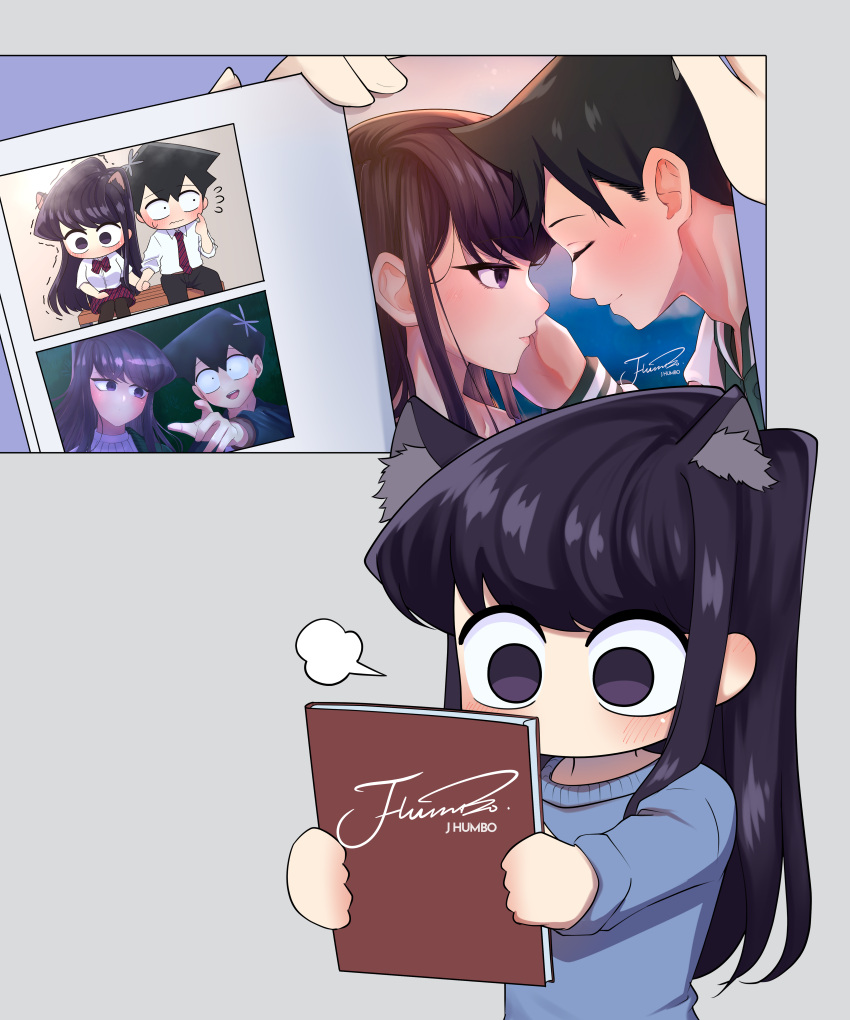 1boy, 1girl, absurdres, animal_ears, artist_name, black_eyes, black_hair, blue_sweater