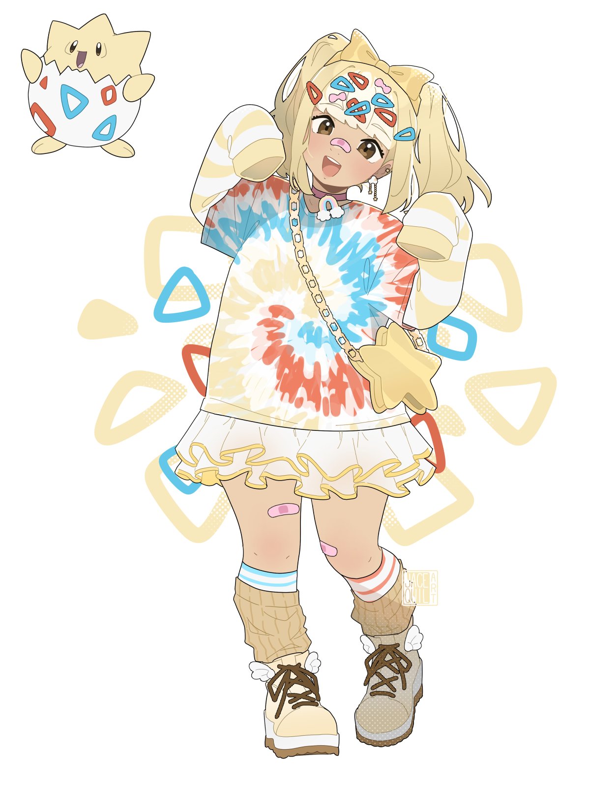 1girl, bag, bandaid, bandaid_on_face, bandaid_on_leg, bandaid_on_nose, blonde_hair, bow