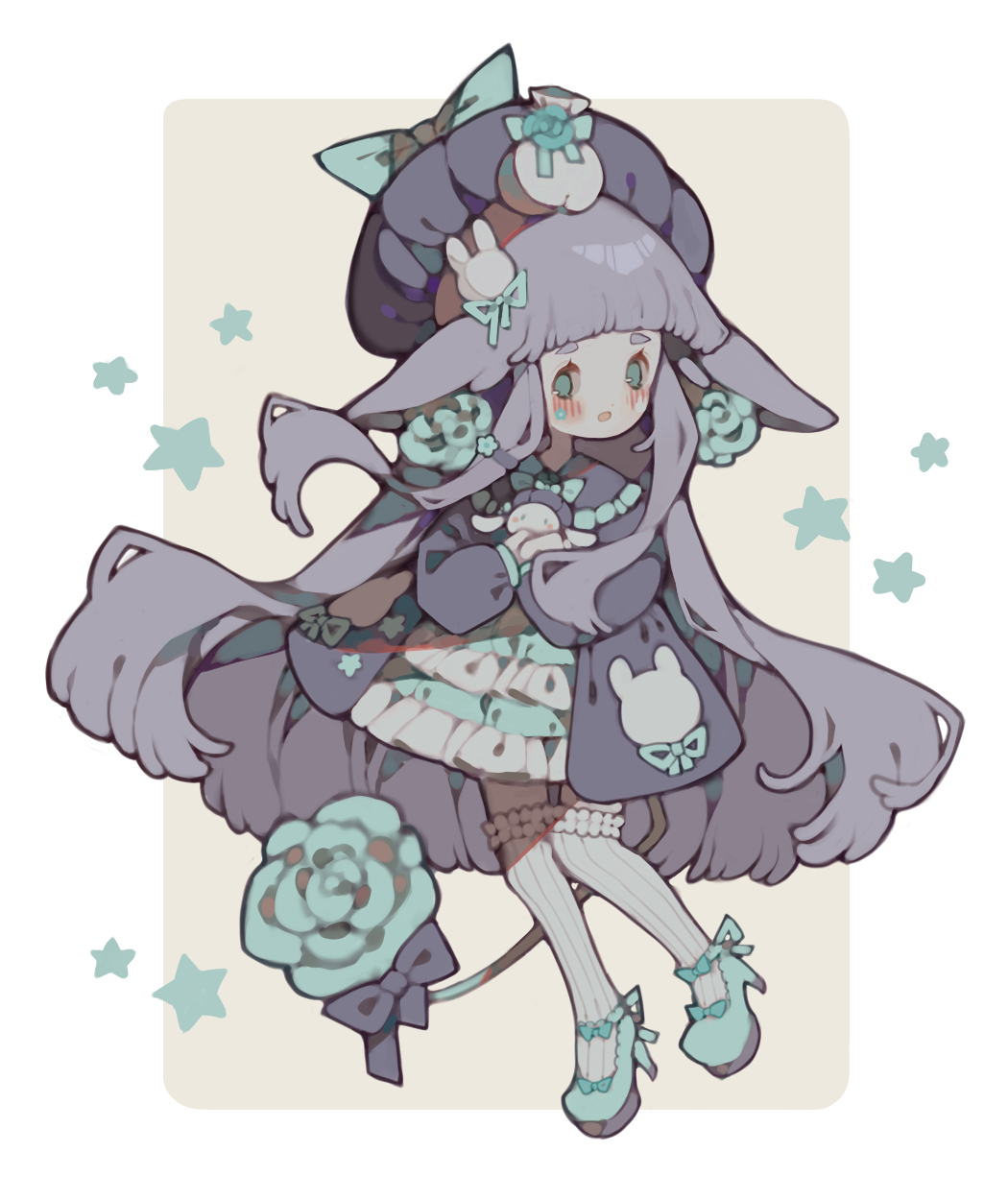 1girl, animal_ear_request, animal_ears, animal_print, blue_bow, blue_bowtie, blue_dress, blue_eyes, blue_flower, blue_footwear, blue_ribbon, blue_rose, blunt_bangs, blunt_ends, blush, blush_stickers, border, bow, bowtie, chibi, collar, collared_jacket, commission, dress, english_commentary, eyelashes, facial_mark, flower, flower_brooch, flower_on_cheek, flower_tattoo, footwear_bow, footwear_ribbon, frilled_collar, frilled_dress, frilled_thighhighs, frills, hair_ornament, hair_ribbon, hat, hat_bow, hat_flower, high_heels, highres, holding_rabbit, jacket, littlebluemuffin, long_hair, long_sleeves, open_clothes, open_jacket, open_mouth, original, puffy_long_sleeves, puffy_sleeves, purple_bow, purple_hair, purple_headwear, purple_jacket, rabbit, rabbit_hair_ornament, rabbit_print, ribbon, rose, short_dress, sidelocks, smile, star_(symbol), striped, striped_thighhighs, tail, tail_bow, tail_ornament, tattoo, thick_eyebrows, thigh-highs, two-tone_dress, vertical-striped_thighhighs, vertical_stripes, very_long_hair, white_border, white_dress, white_thighhighs, yellow_background