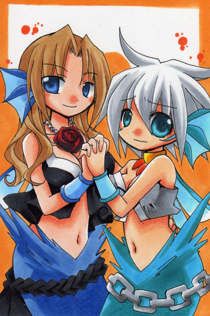 blue_eyes, brown_hair, flower, genderswap, head_fins, highres, holding_hands, mermaid, milanor, monster_girl, rose, roswell, undine, white_hair, yggdra_union