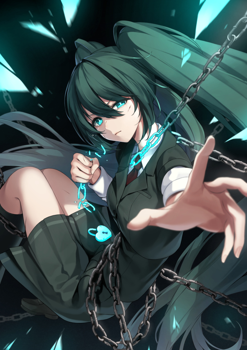 1girl, alternate_hair_color, aqua_hair, black_hair, black_skirt, broken, broken_chain, chain