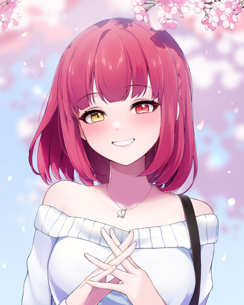 1girl, absurdres, alternate_costume, alternate_hairstyle, bob_cut, cherry_blossoms, heterochromia, highres
