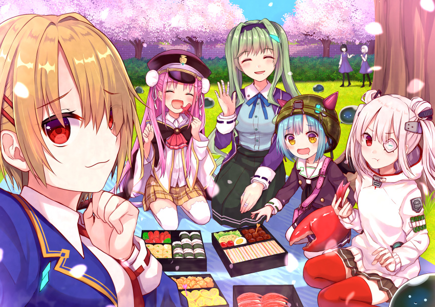6+girls, :3, :d, ^_^, absurdres, akausagi, bento, black_cape