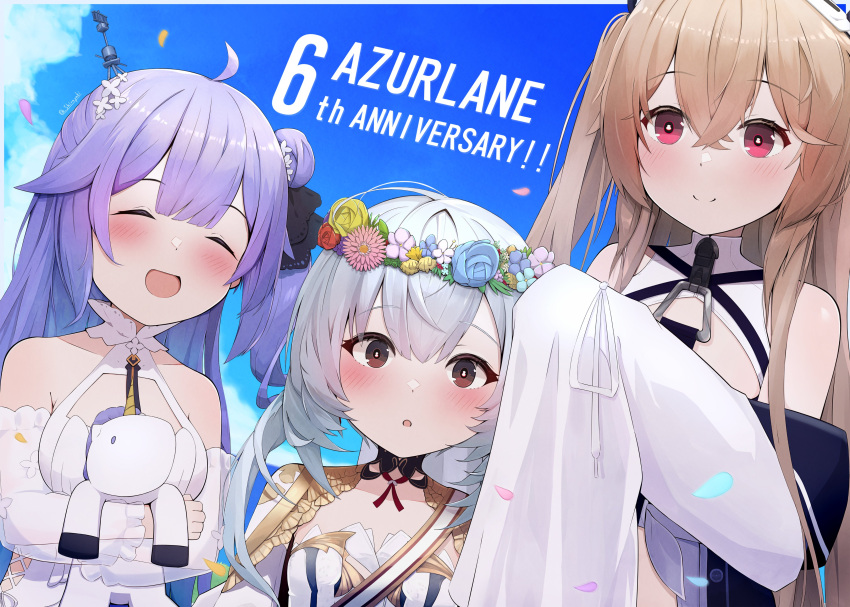 3girls, absurdres, ahoge, anchorage_(azur_lane), anniversary, azur_lane, bare_shoulders, blue_sky