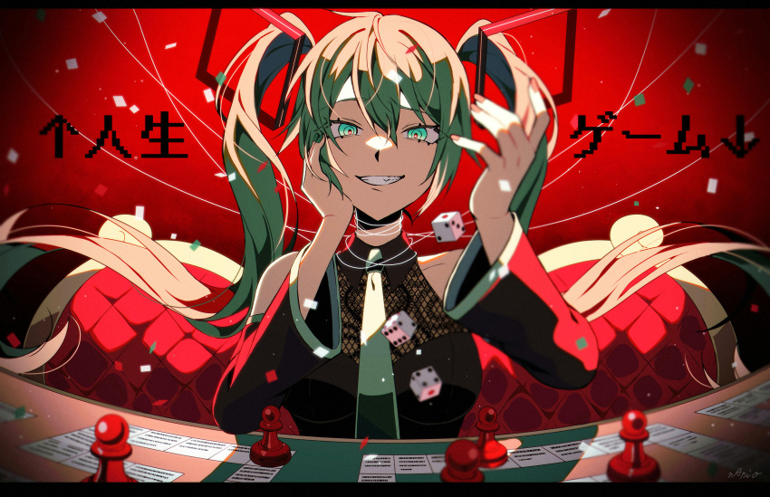 1girl, aqua_eyes, aqua_hair, black_sleeves, blue_nails, detached_sleeves, dice, green_nails