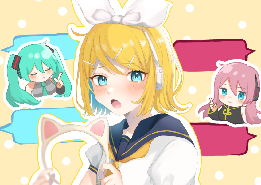 3girls, aqua_hair, black_sailor_collar, black_sleeves, blonde_hair, blue_eyes, blush, bow, commentary, detached_sleeves, fake_animal_ears_removed, gohan_ga_umai!, hair_bow, hatsune_miku, headset, highres, kagamine_rin, megurine_luka, multiple_girls, open_mouth, pink_hair, rin-chan_now!_(vocaloid), sailor_collar, school_uniform, serafuku, short_hair, swept_bangs, twintails, vocaloid, white_bow