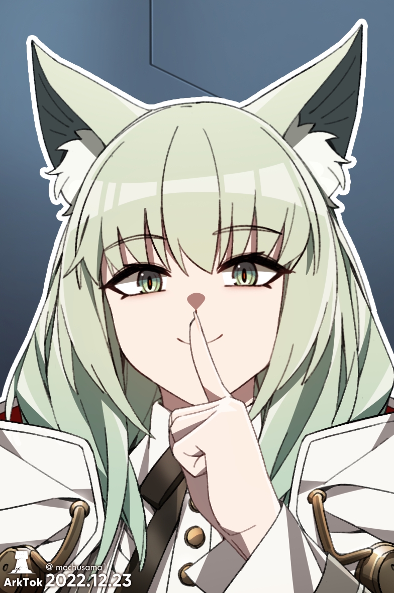 1girl, animal_ears, arknights, cat_ears, dated, finger_to_mouth, fingernails, green_eyes