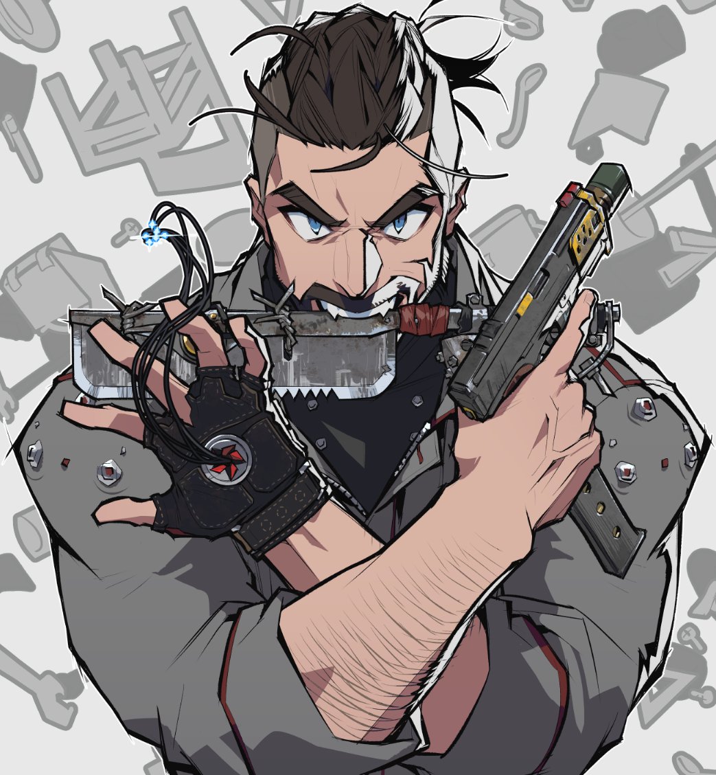 1boy, atomic_heart, black_gloves, black_hair, black_shirt, blue_eyes, char-les_(atomic_heart), fukurau