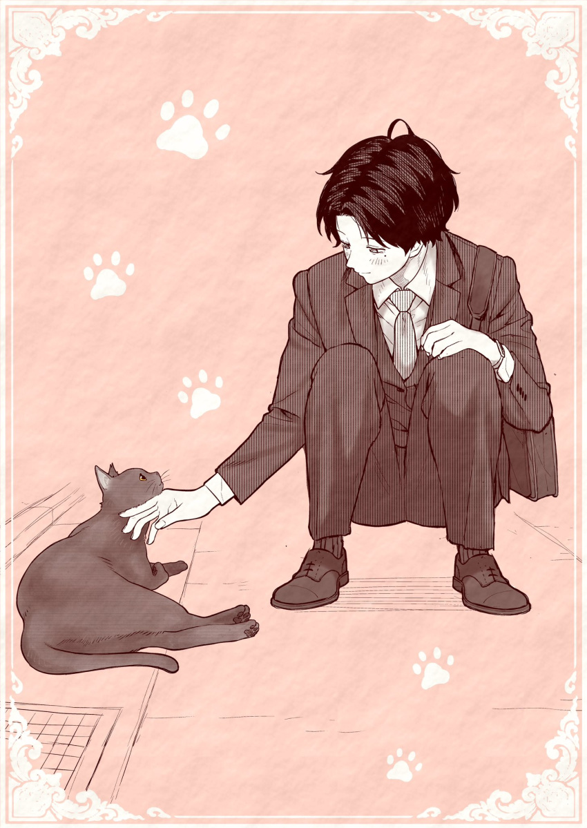 1boy, 1other, ahoge, animal, animal_ears, animal_hands, bag, blush