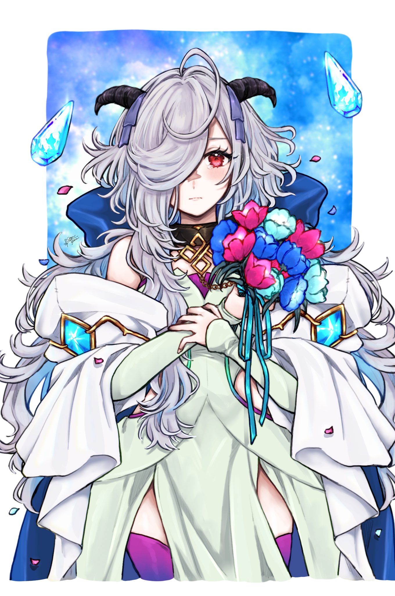 1girl, black_horns, blue_flower, blue_rose, bouquet, closed_mouth, commentary, dress, eitr_(fire_emblem), expressionless, fire_emblem, fire_emblem_heroes, flower, goat_horns, green_dress, grey_hair, hair_over_one_eye, highres, holding, holding_bouquet, horns, long_hair, looking_at_viewer, misato_hao, one_eye_covered, pelvic_curtain, petals, purple_flower, purple_rose, purple_thighhighs, red_eyes, rose, signature, solo, thigh-highs, very_long_hair, wavy_hair