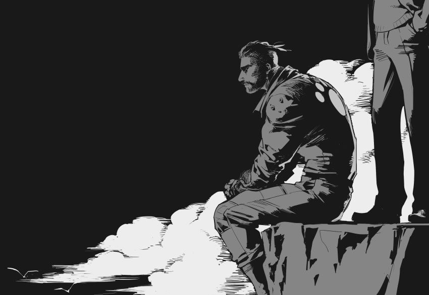 2boys, atomic_heart, beard, belt, boots, char-les_(atomic_heart), closed_mouth, facial_hair