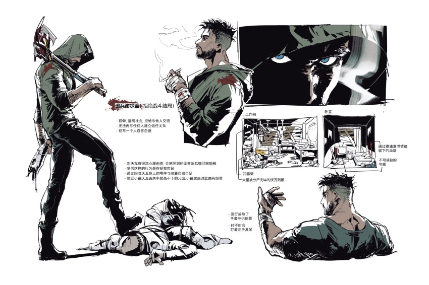 1boy, arm_hair, atomic_heart, axe, back, bandaged_hand, bandages, beard