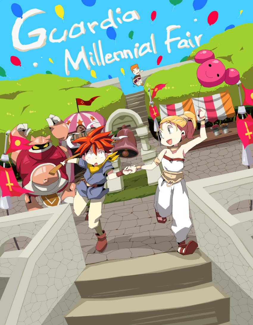 2boys, 2girls, :d, balloon, belt, blonde_hair, breasts, chrono_trigger