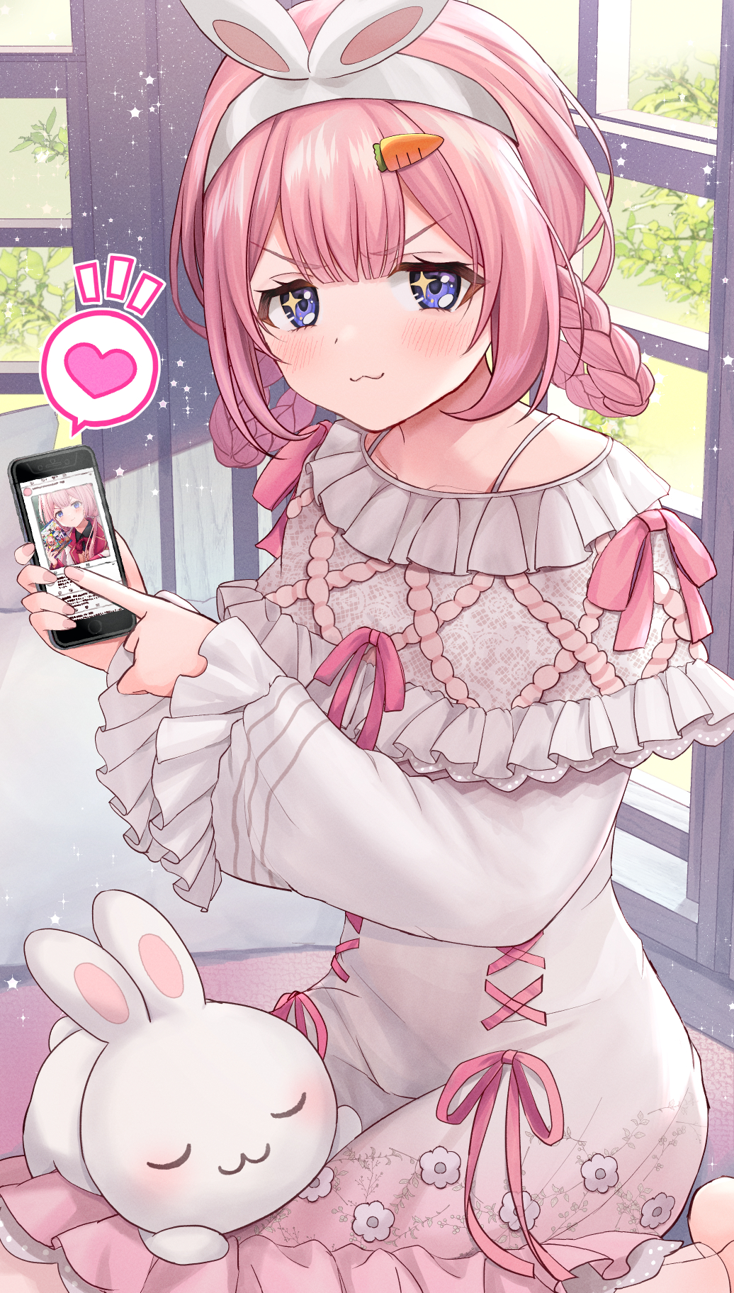 1girl, animal_ears, blush, braided_hair_rings, carrot_hair_ornament, cellphone, doyagao, fake_animal_ears
