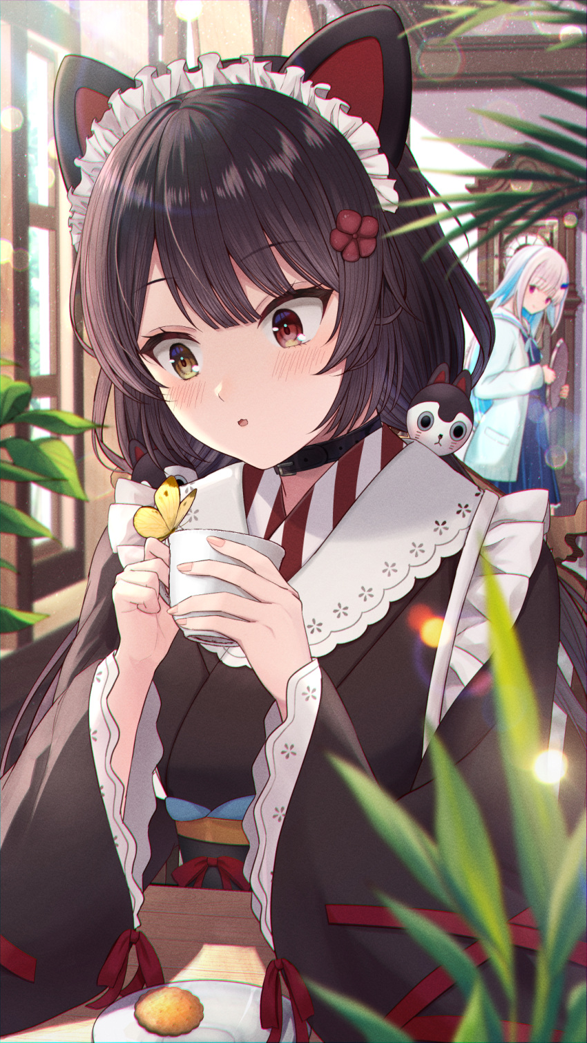 2girls, animal_ears, black_choker, black_kimono, blue_cardigan, blue_hair, brown_hair, bug