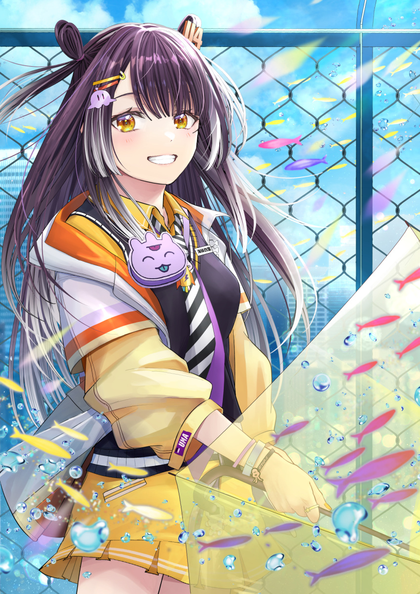 1girl, black_hair, black_sweater_vest, blue_sky, diagonal-striped_necktie, double_bun, gradient_hair, grey_hair, grin, hair_bun, highres, kashiwagi_touko, long_hair, multicolored_hair, multiple_neckties, necktie, nijisanji, purple_necktie, skirt, sky, smile, solo, sweater_vest, ufo_hair_ornament, umise_yotsuha, umise_yotsuha_(1st_costume), virtual_youtuber, yellow_eyes, yellow_skirt