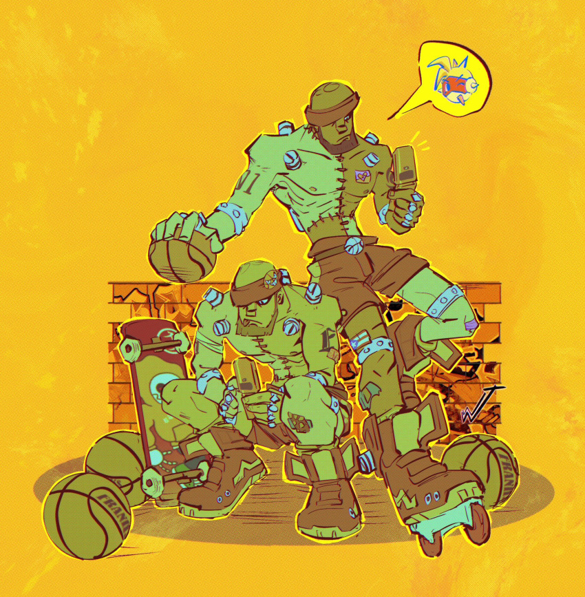 2boys, :p, arm_tattoo, bald, basketball, basketball_buckle, beard, belt, bomb_rush_cyberfunk, brick_wall, brown_hair, cellphone, colored_skin, dark-skinned_male, dark_skin, facial_hair, flip_phone, franks_(bomb_rush_cyberfunk), graffiti, highres, inline_skates, looking_at_phone, male_focus, micro_boy, multicolored_skin, multiple_boys, nipples, one_eye_covered, orange_background, phone, puerto_rican_flag, red_footwear, red_shorts, red_sweatband, roller_skates, screw, shoes, shorts, simple_background, skateboard, skates, sneakers, spoken_character, squatting, sticker, sticker_on_leg, stitched_neck, stitched_torso, stitches, sweatband, tattoo, tongue, tongue_out, topless_male, wint_(draydensbeard)
