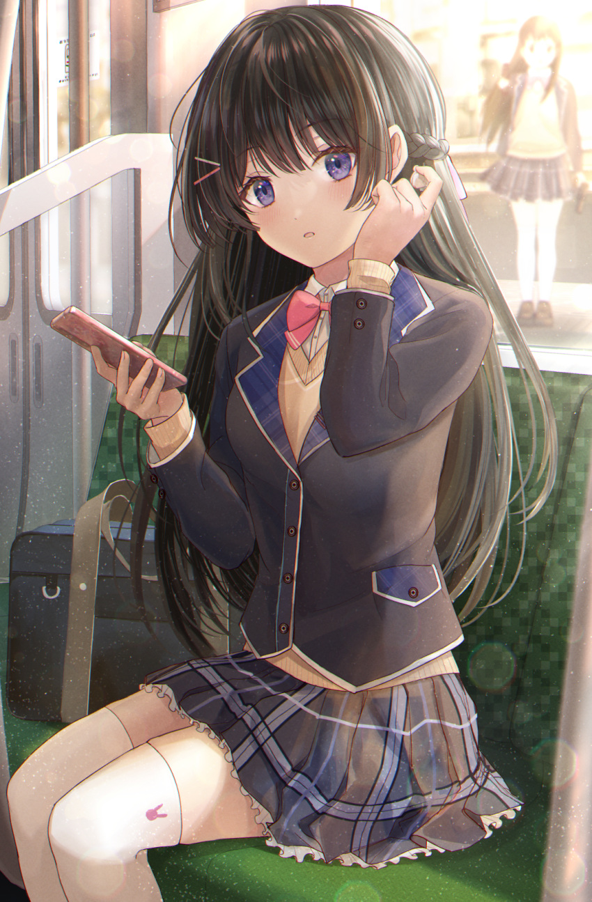 1girl, bag, black_hair, black_jacket, blazer, blue_eyes, bow, bowtie, brown_cardigan, cardigan, cellphone, hair_ornament, highres, jacket, kashiwagi_touko, long_hair, nijisanji, phone, pink_bow, pink_bowtie, plaid, plaid_skirt, school_bag, school_uniform, shirt, sitting, skirt, smartphone, solo, thigh-highs, train, tsukino_mito, tsukino_mito_(1st_costume), virtual_youtuber, white_shirt, white_thighhighs
