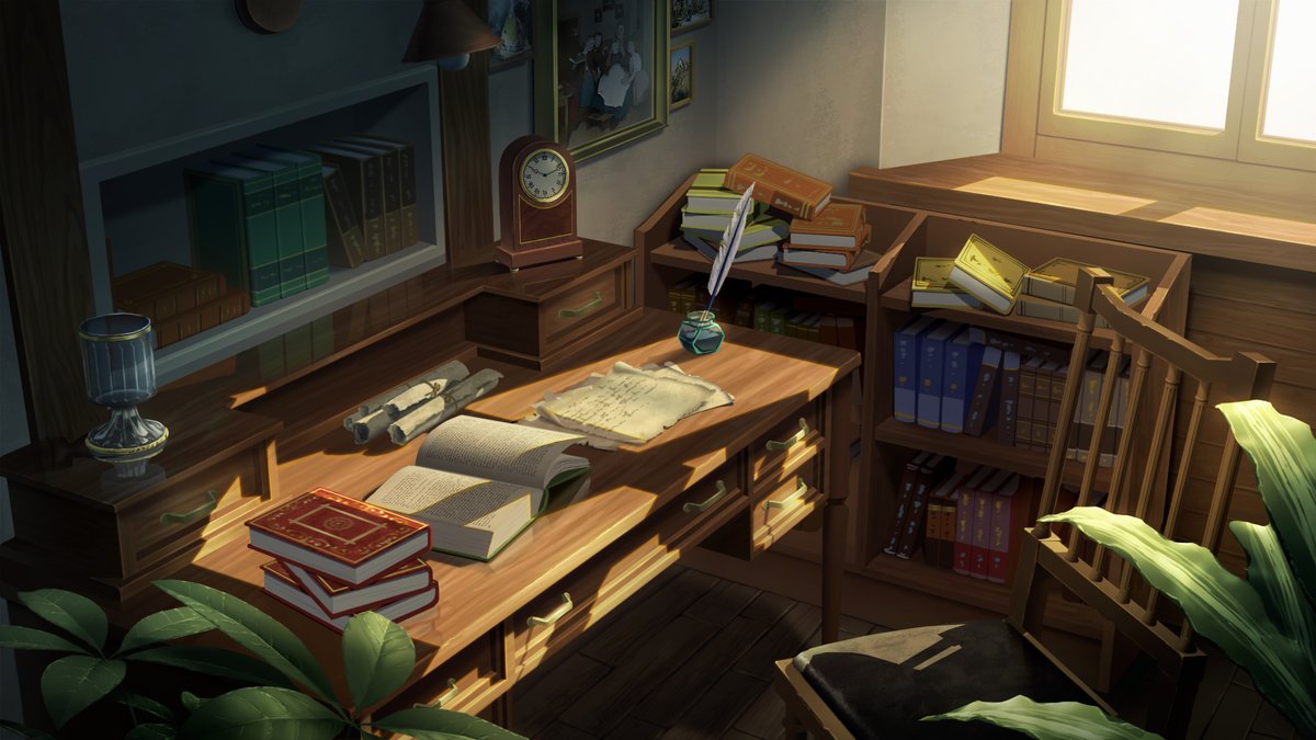 book, book_stack, bookshelf, chair, clock, desk, drawer, inkwell