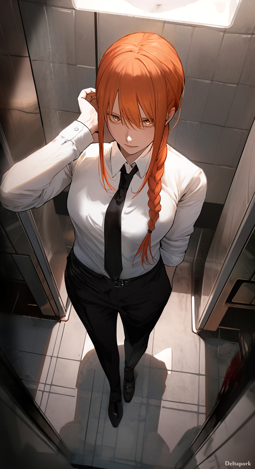 1girl, ai-assisted, black_footwear, black_necktie, black_pants, braid, chainsaw_man, commentary_request