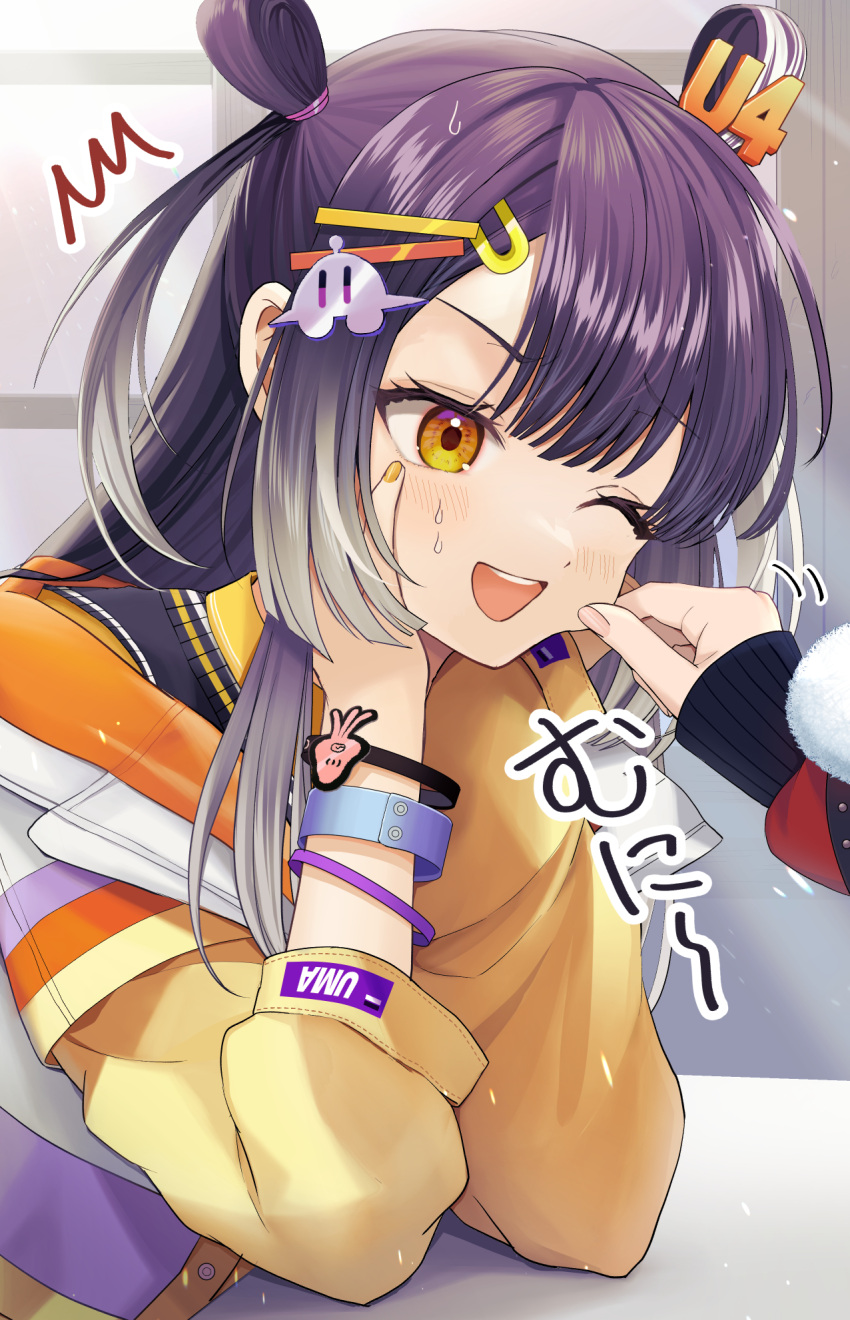 2girls, bracelet, cheek_pinching, gradient_hair, hair_ornament, hairclip, hands_on_own_cheeks, hands_on_own_face
