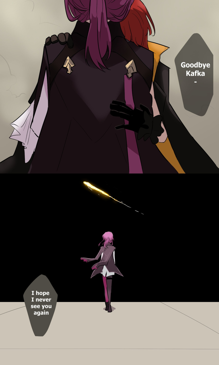 2girls, absurdres, black_gloves, coat, coat_on_shoulders, english_commentary, english_text, gloves