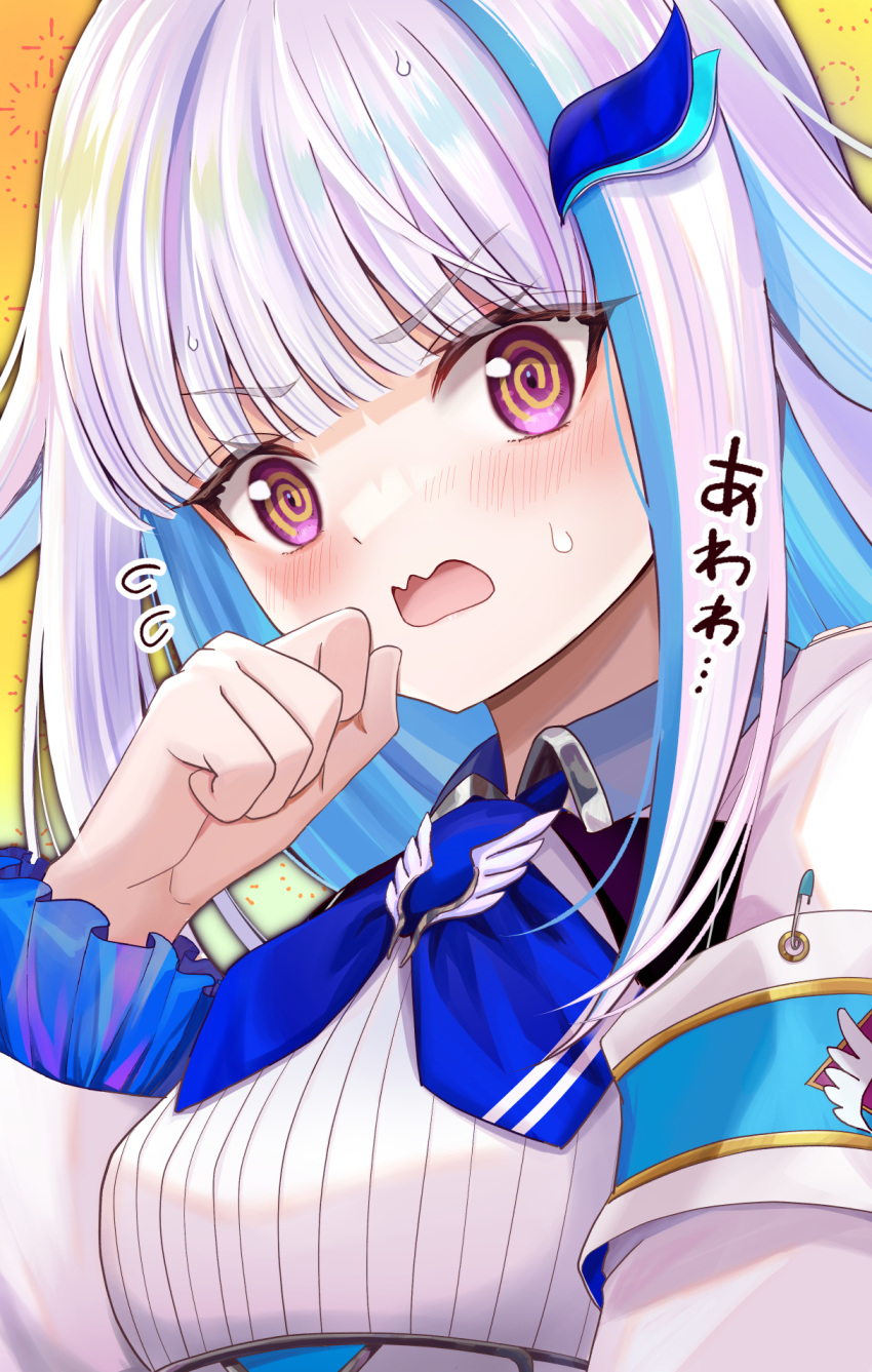 1girl, @_@, blue_neckerchief, blush, colored_inner_hair, hair_ornament, hairclip, highres