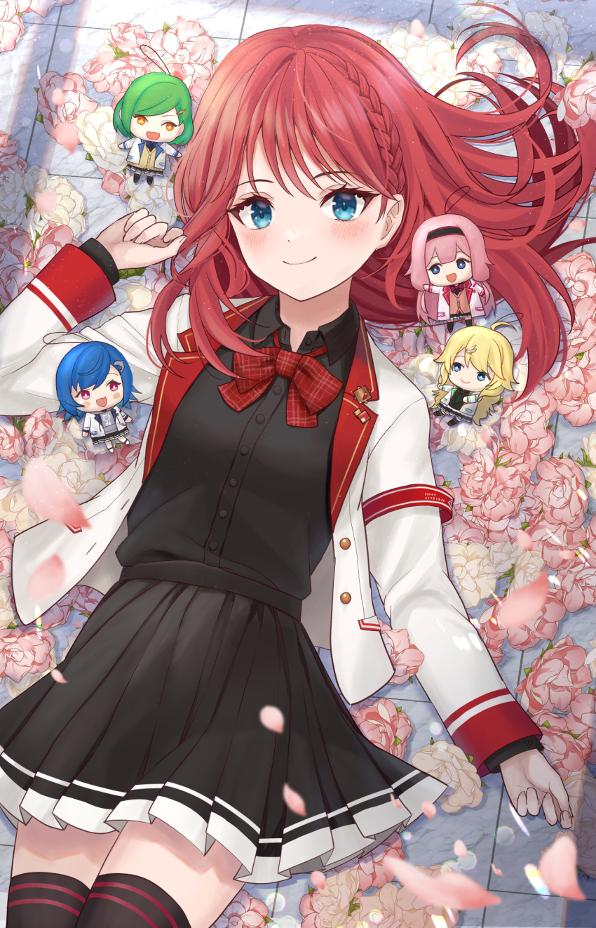 5girls, asahina_akane_(1st_costume)_(nijisanji), asahina_akane_(nijisanji), black_shirt, blazer, blue_eyes, blush, character_doll